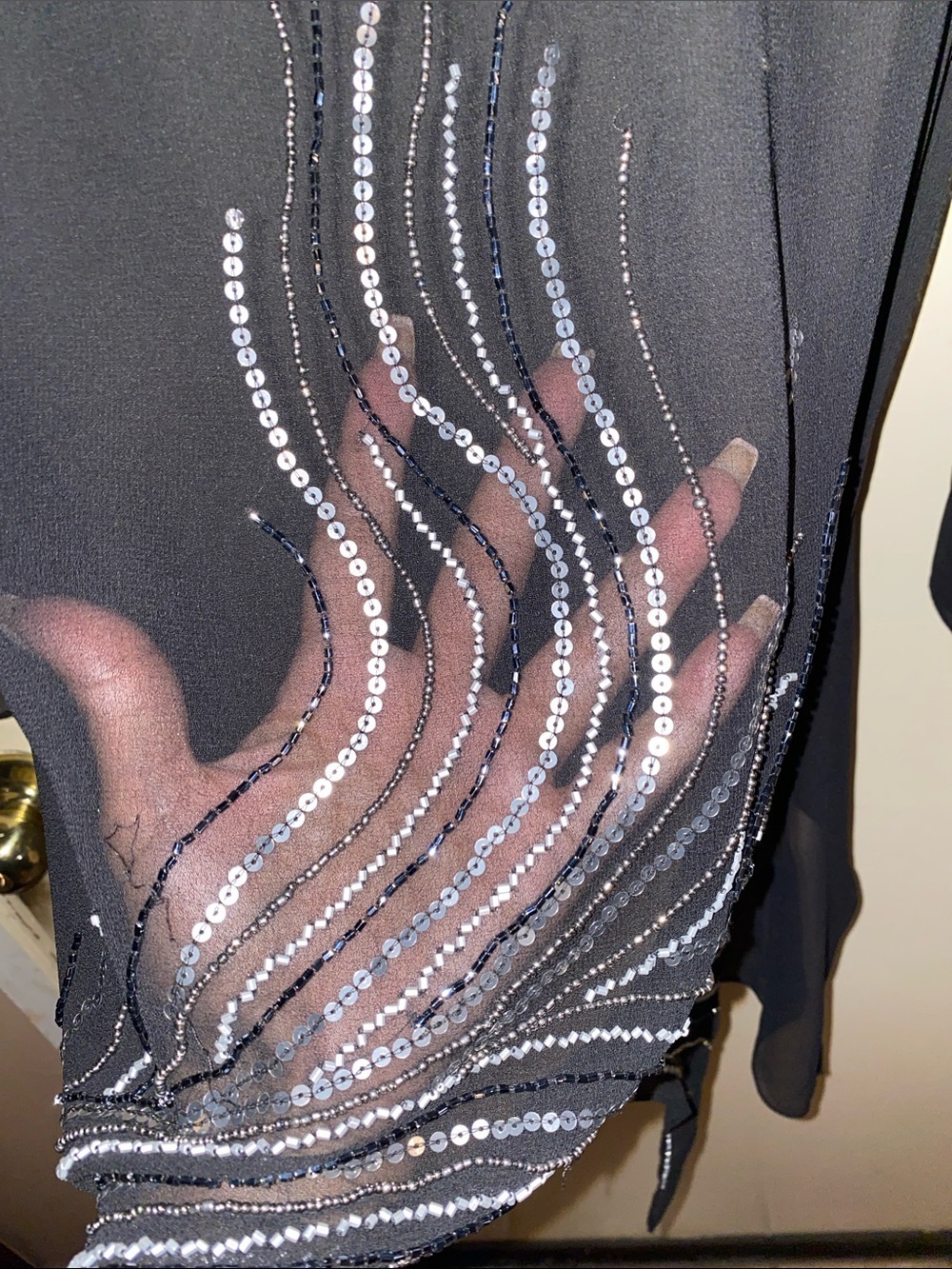 Elegant Black Sheer Mesh Evening Blouse with silver and Gold Sequin Embroidery - Picture 3 of 9